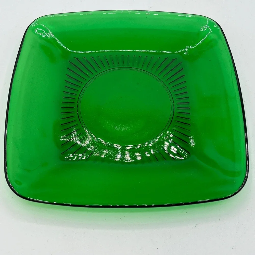 Vintage Emerald Green Square‎ Glass Dessert Plates Sunburst Pattern Set of 2 6in